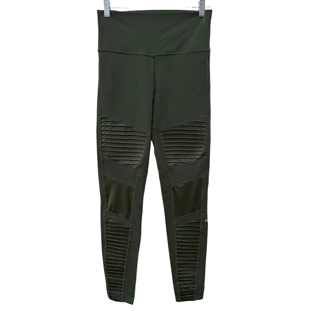 Alo Yoga Womens Full Length Moto High Rise Leggings Pants Sz L Green Mesh Panel